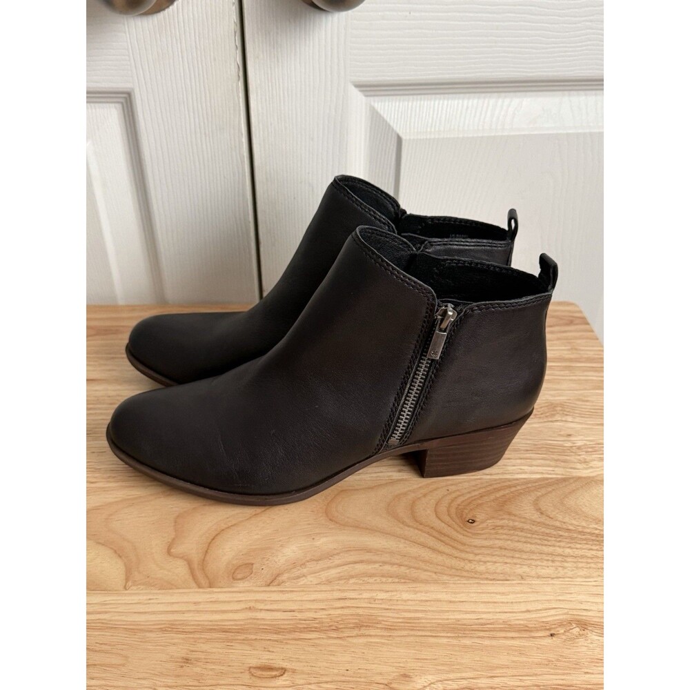 Lucky Brand Basel Womens Ankle Bootie Sz 10M Black Leather Side Zip Block Heel